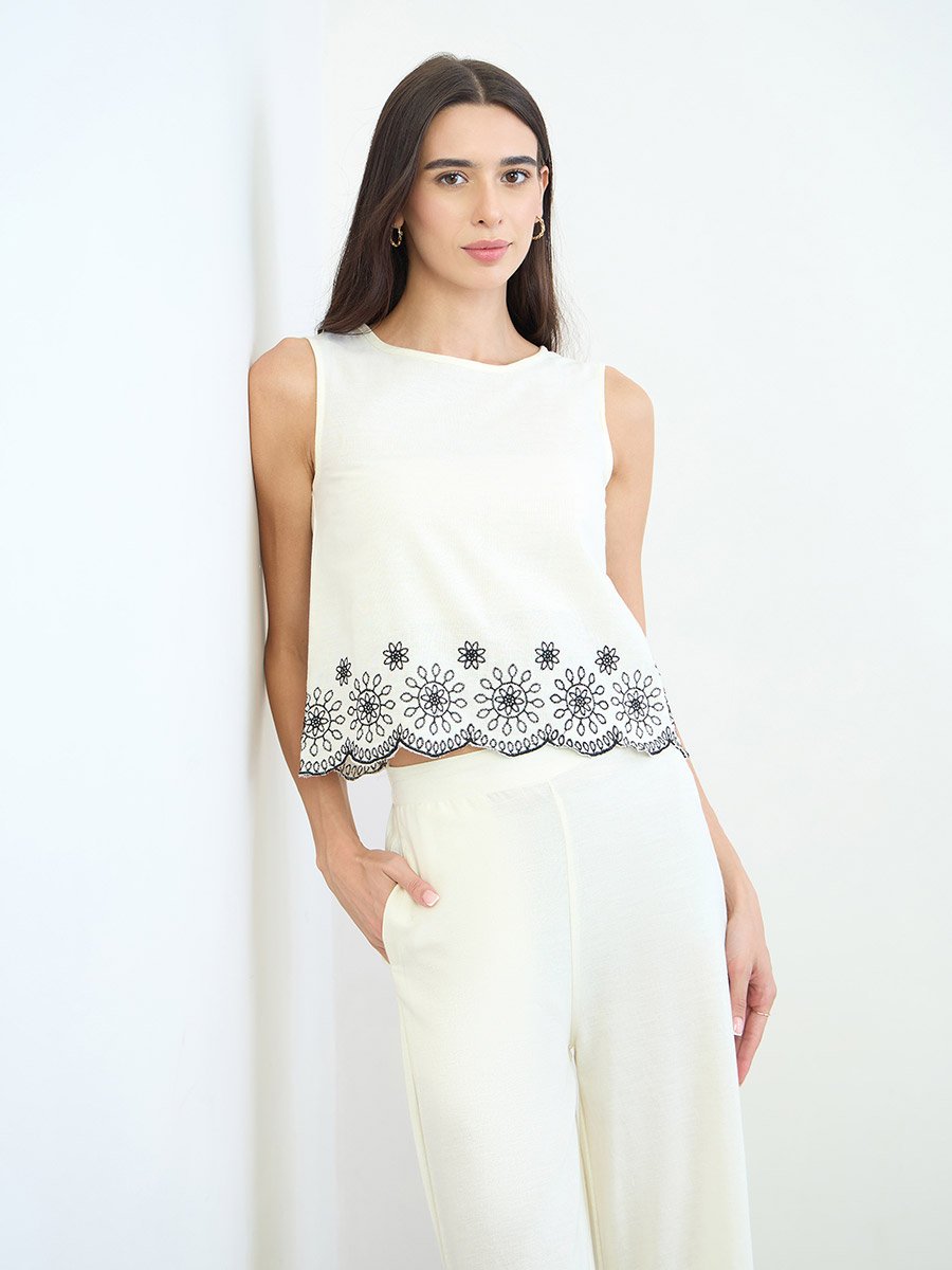 Off White Embroidered Top and Wide Leg Pants Set