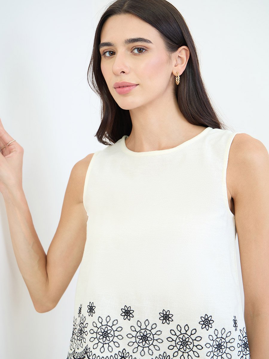Off White Embroidered Top and Wide Leg Pants Set