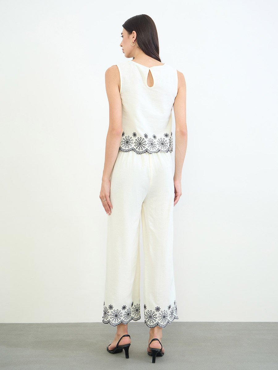 Off White Embroidered Top and Wide Leg Pants Set