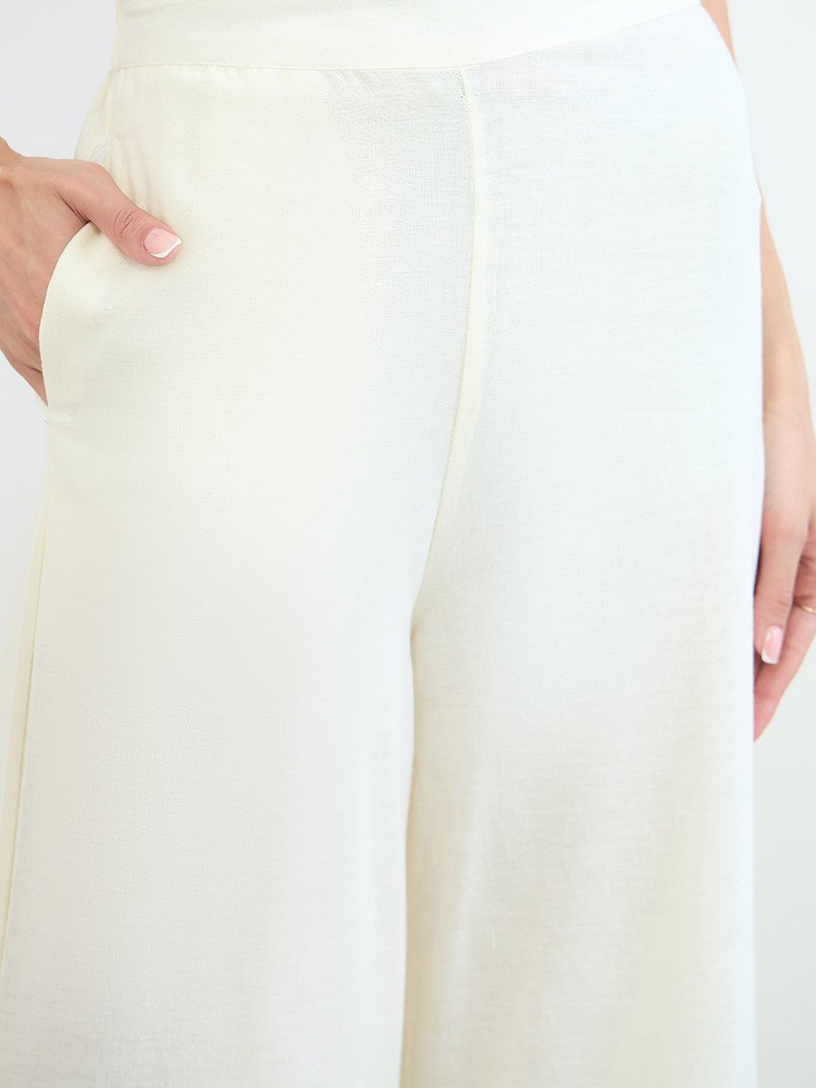 Off White Embroidered Top and Wide Leg Pants Set