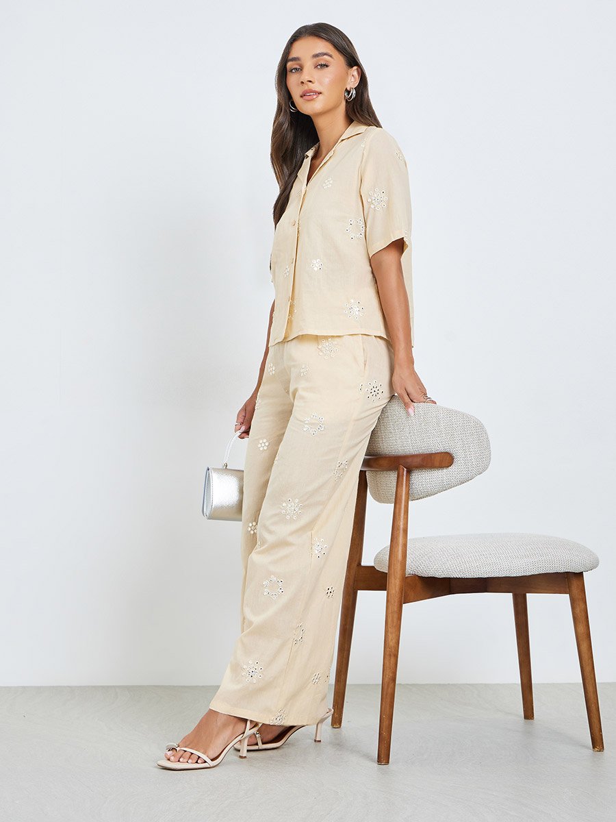 Beige Embroidered Cotton Shirt and Pants Co-ords