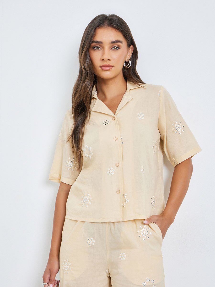 Beige Embroidered Cotton Shirt and Pants Co-ords