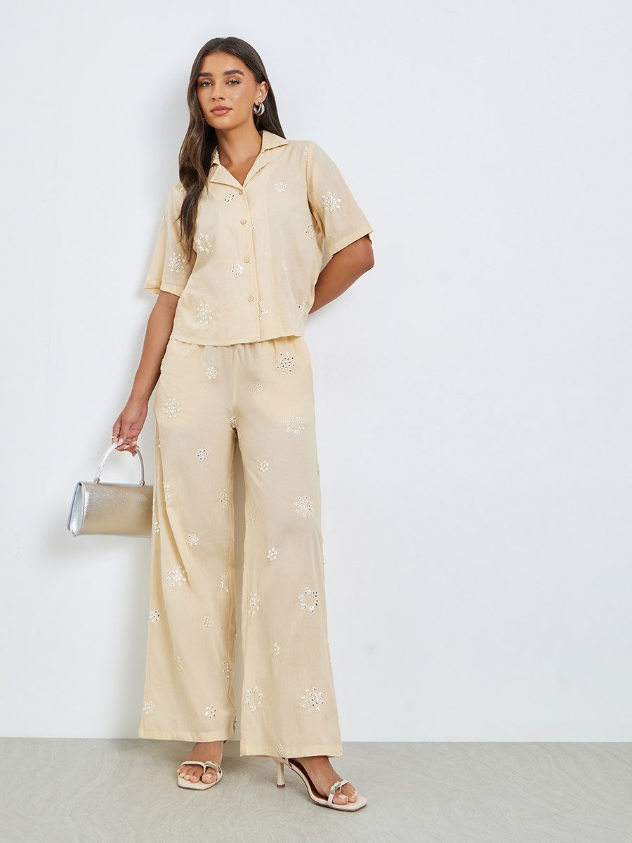 Beige Embroidered Cotton Shirt and Pants Co-ords