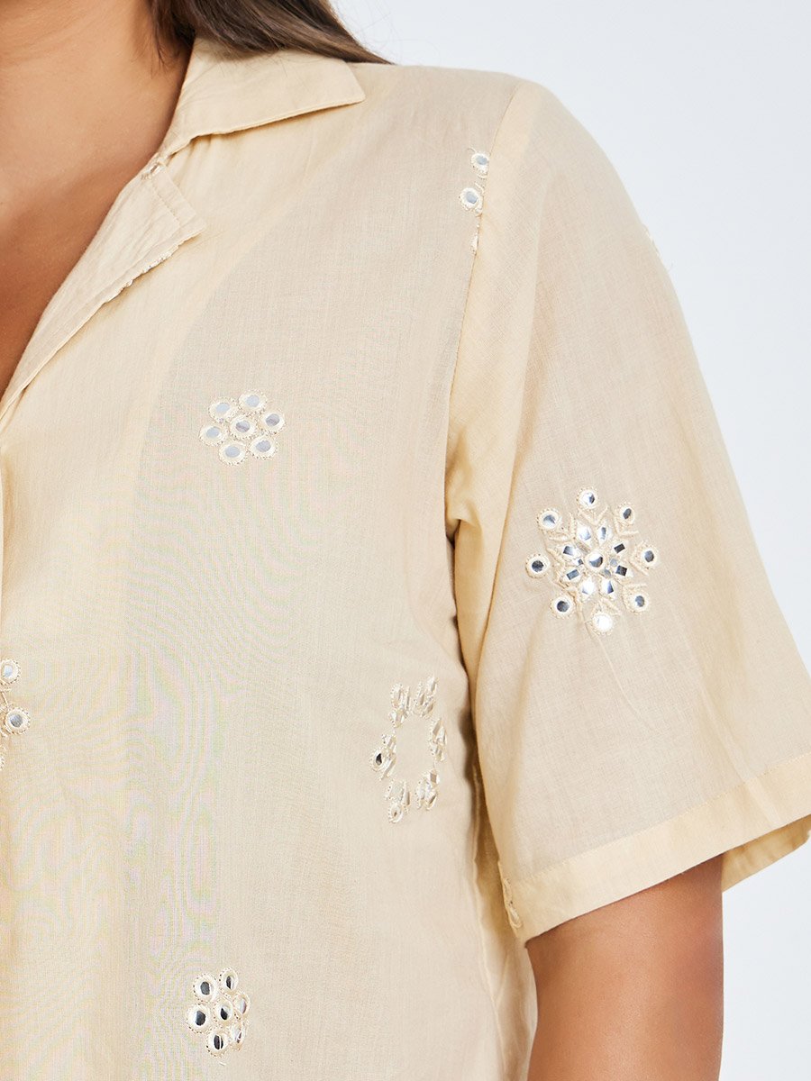 Beige Embroidered Cotton Shirt and Pants Co-ords