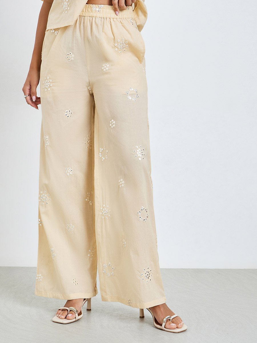 Beige Embroidered Cotton Shirt and Pants Co-ords