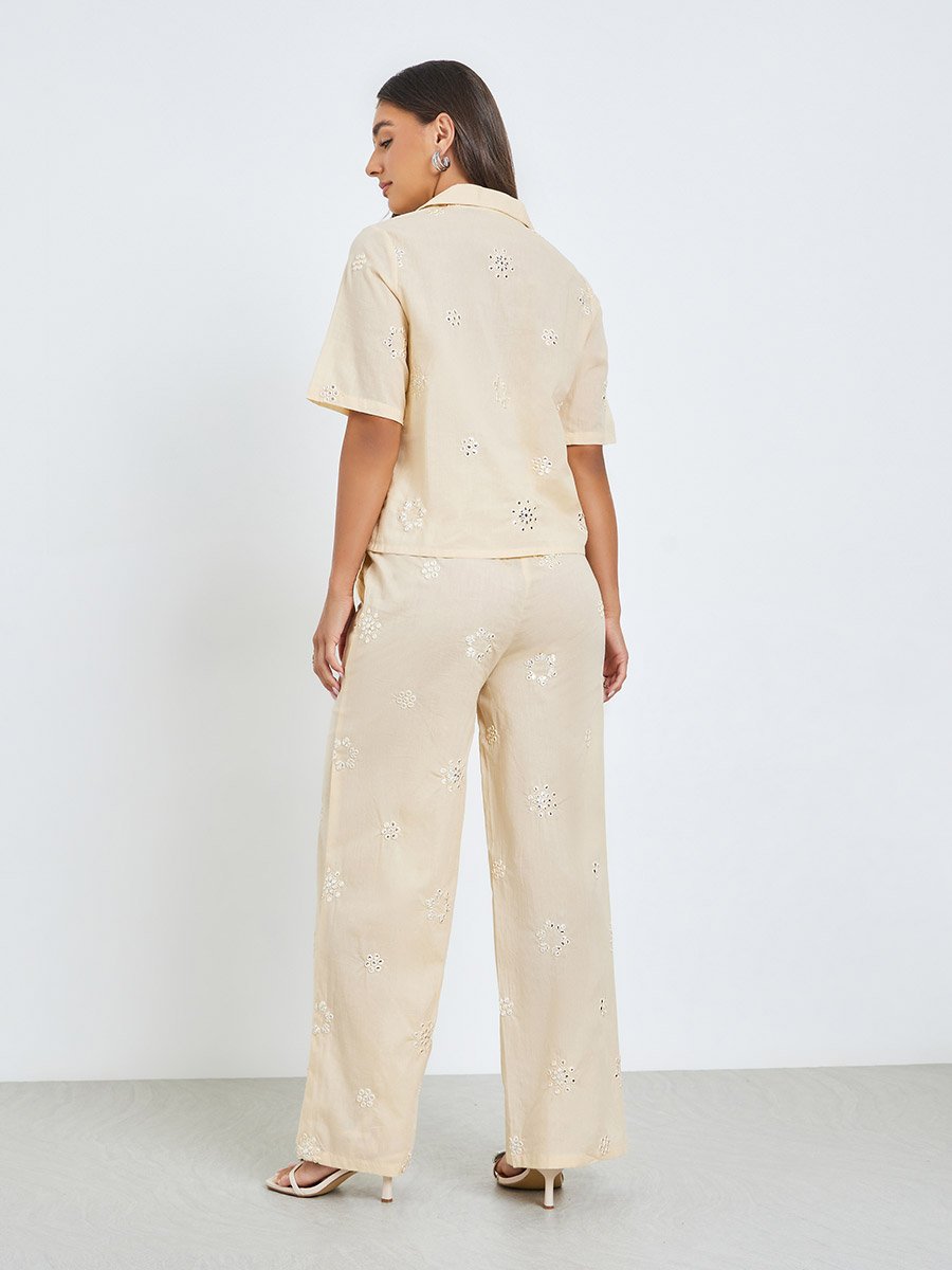Beige Embroidered Cotton Shirt and Pants Co-ords