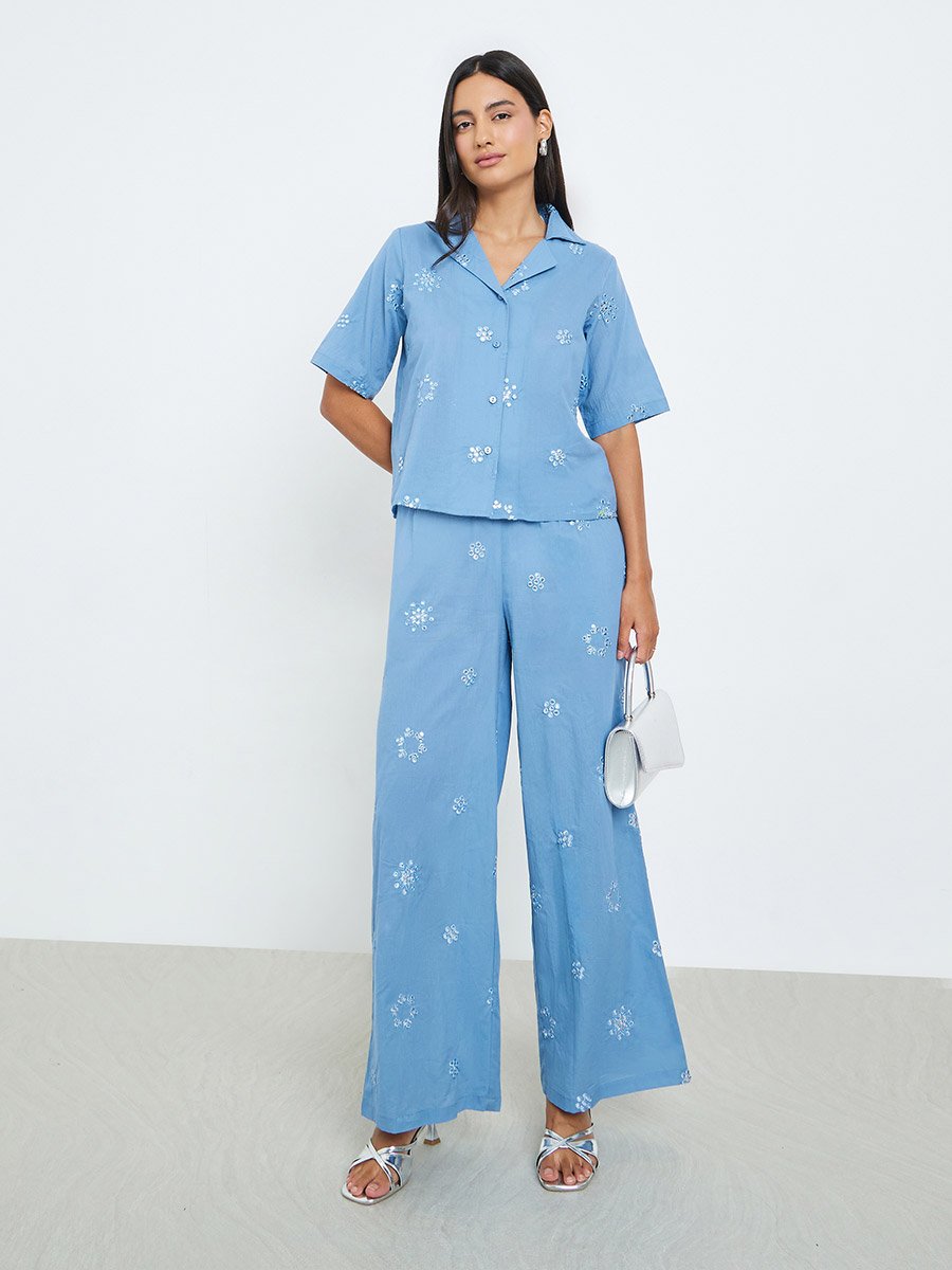 Blue Embroidered Cotton Shirt and Pants Co-ords