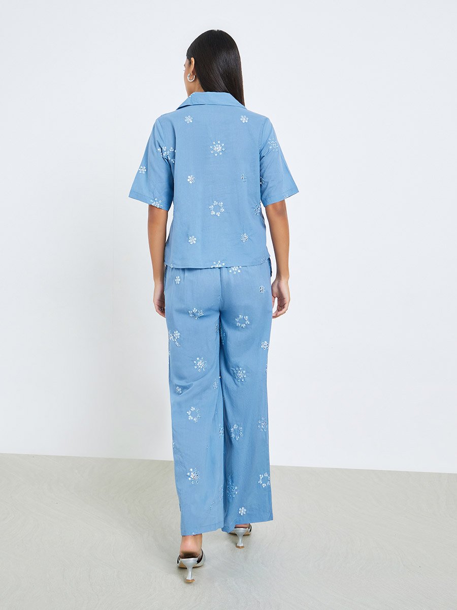 Blue Embroidered Cotton Shirt and Pants Co-ords