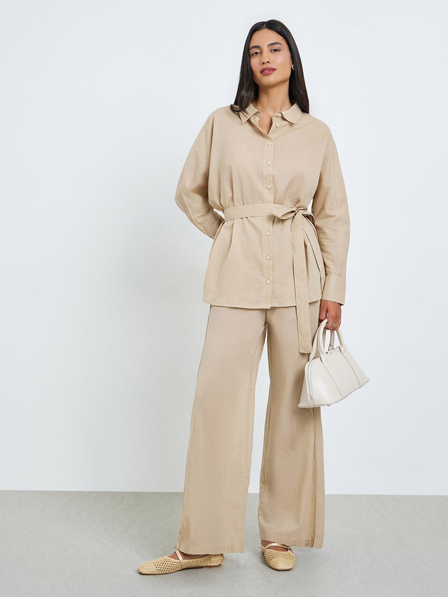 Beige Oversized Cotton Shirt and Pants Co-ords