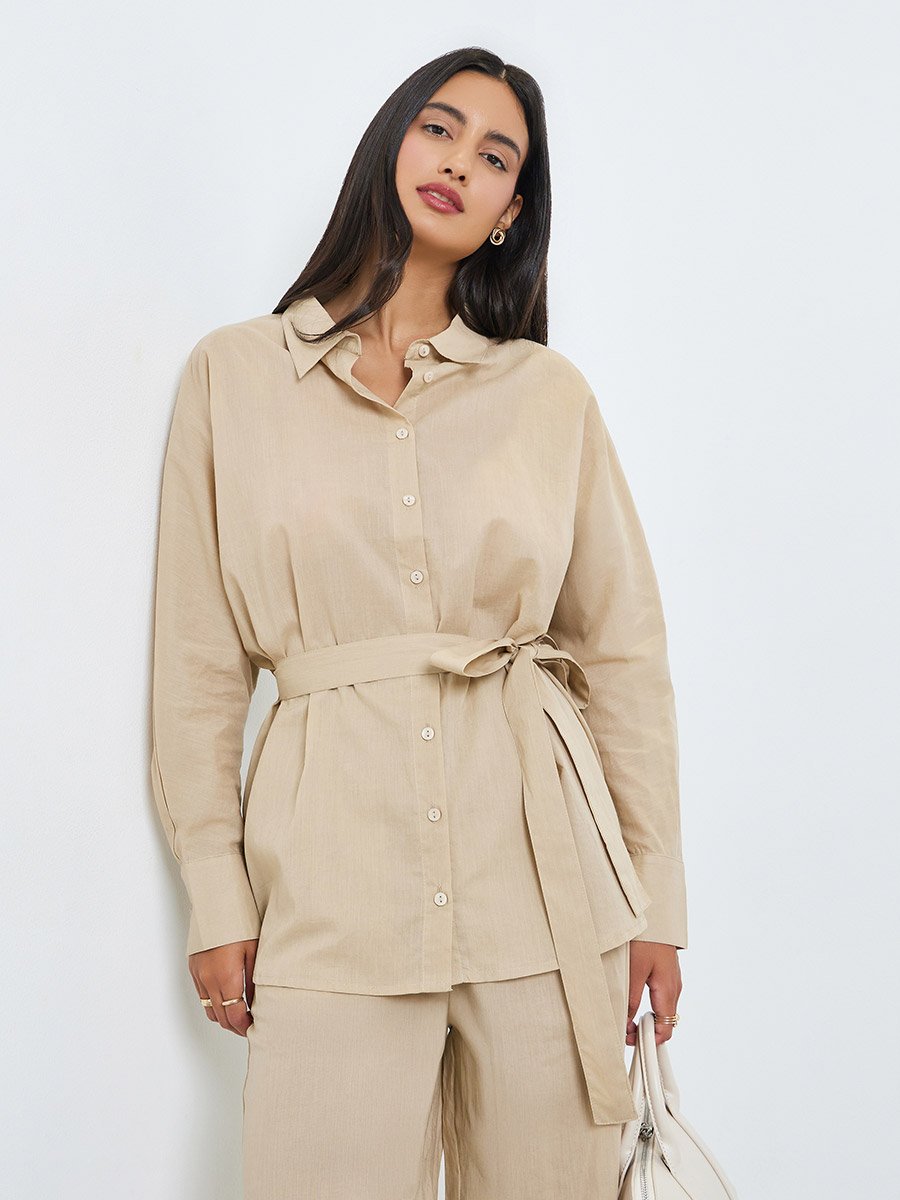 Beige Oversized Cotton Shirt and Pants Co-ords