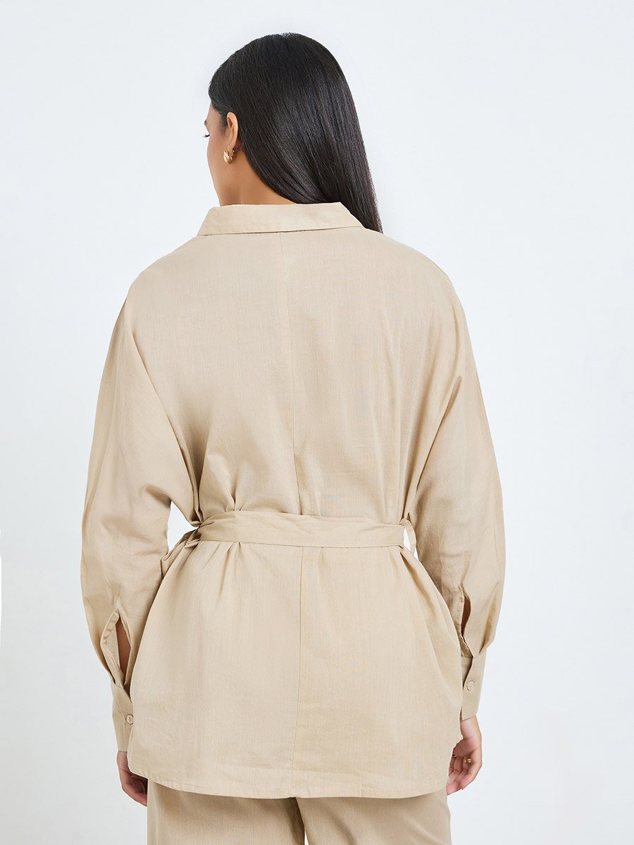 Beige Oversized Cotton Shirt and Pants Co-ords