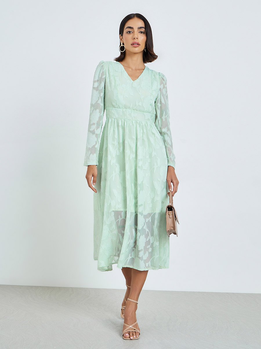 Green Floral Jacquard A-Line Midi Dress For Women at Kuwait | Styli