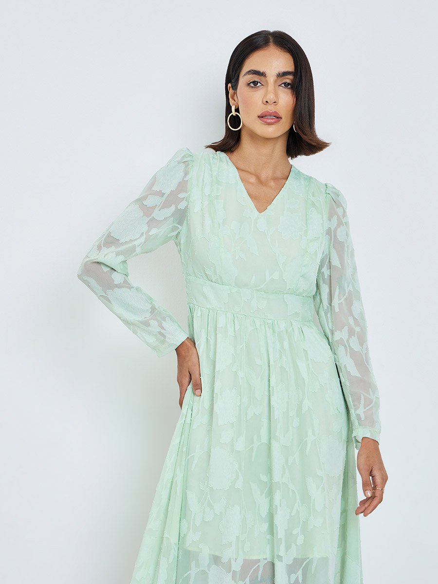 Green Floral Jacquard A-Line Midi Dress For Women at Saudi | Styli