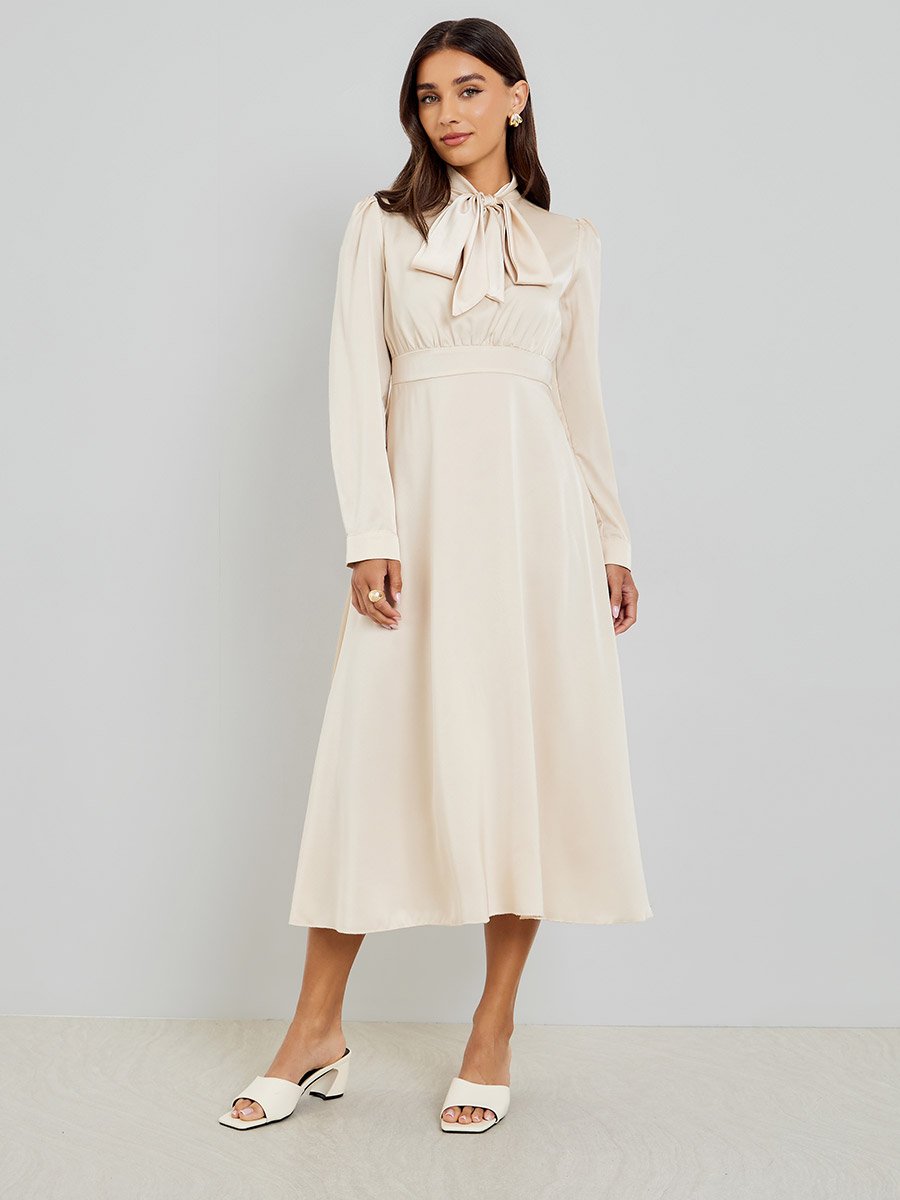 knee length dresses for ladies Satin Puff Sleeve Tie Neck Midi Dress | A-Line Dress main image 0