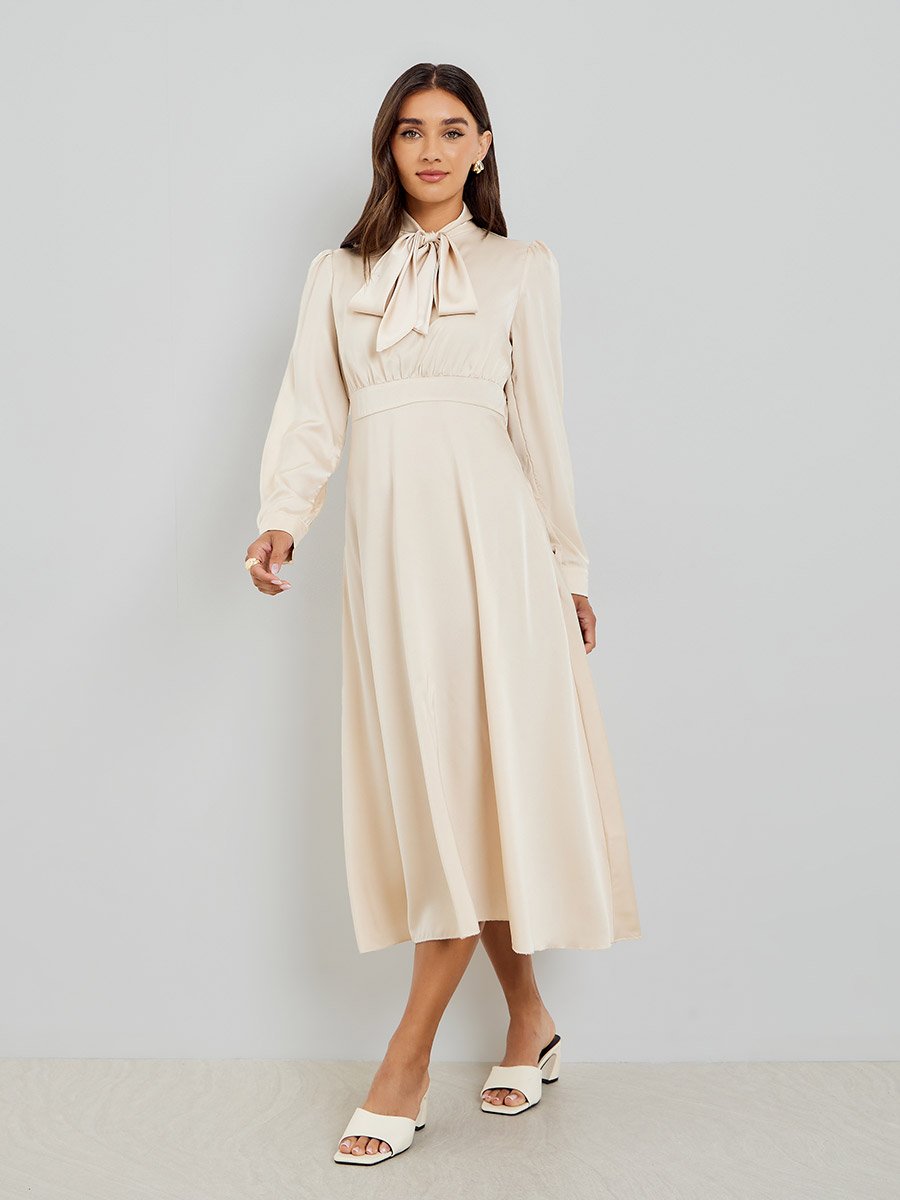Beige Satin Tie-Up Neck Midi Dress