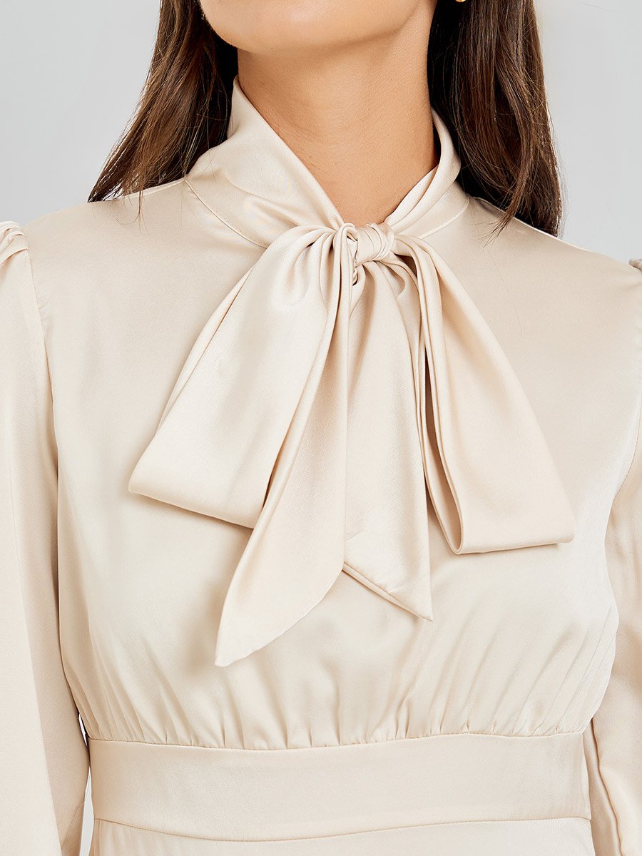 Beige Satin Tie-Up Neck Midi Dress