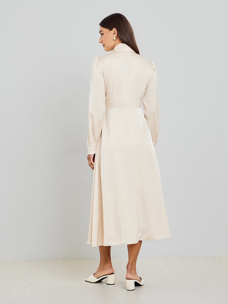 Beige Satin Tie-Up Neck Midi Dress