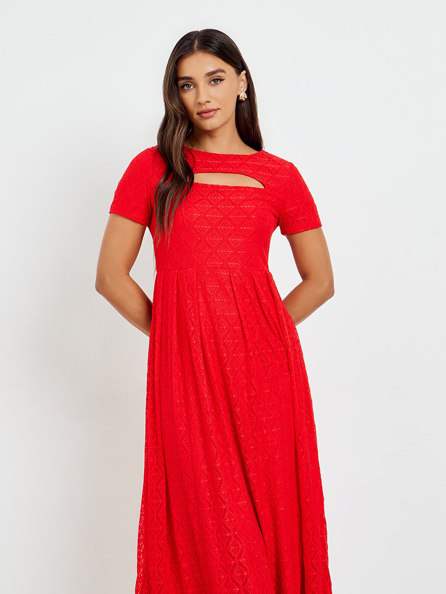 Red Lace Overlay Cut-Out Midi Dress For Women at UAE | Styli