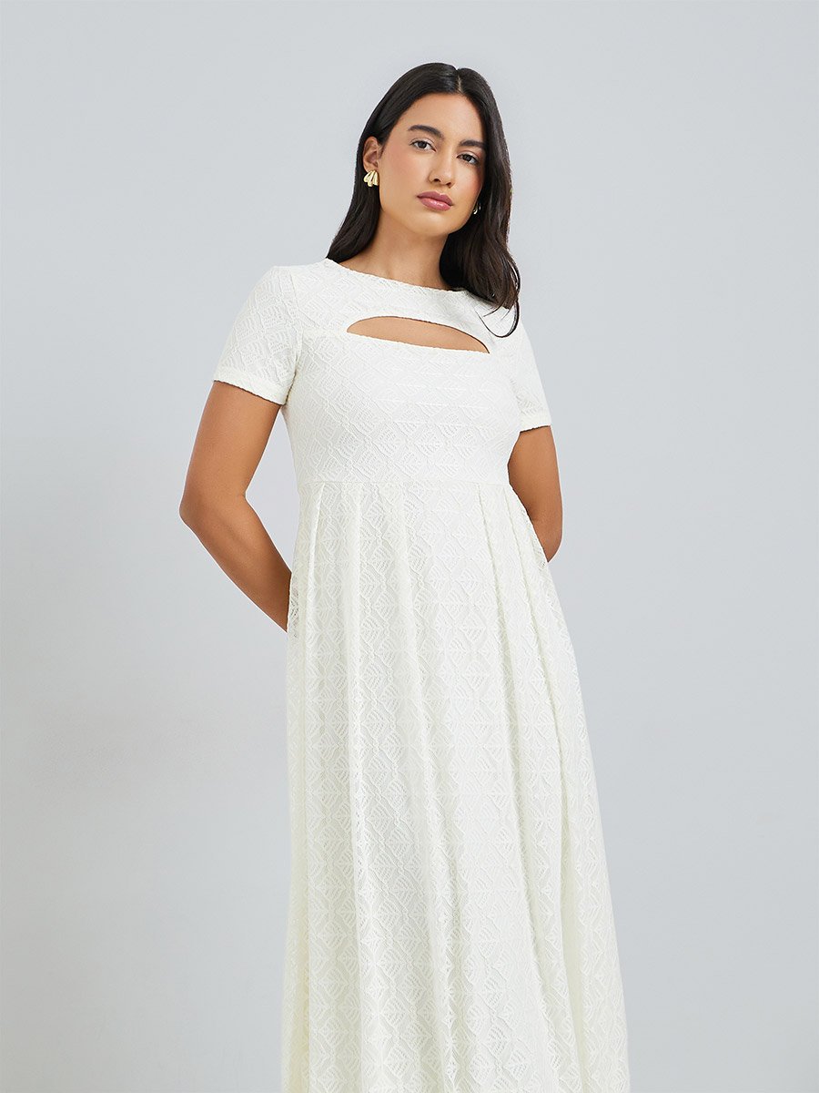 White Lace Overlay Cut-Out Midi Dress For Women at Bahrain | Styli White Lace Overlay Cut-Out Midi Dress For Women at Bahrain | Styli