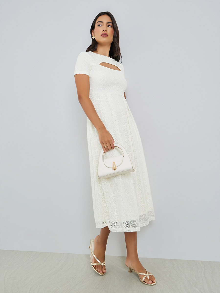 White Lace Overlay Cut-Out Midi Dress For Women at UAE | Styli White Lace Overlay Cut-Out Midi Dress For Women at UAE | Styli
