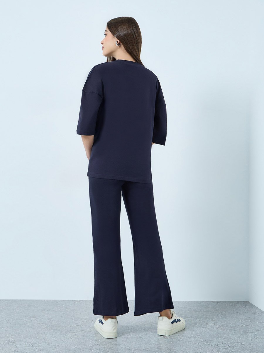 Navy Blue Printed T-Shirt and Flared Leggings Co-Ords