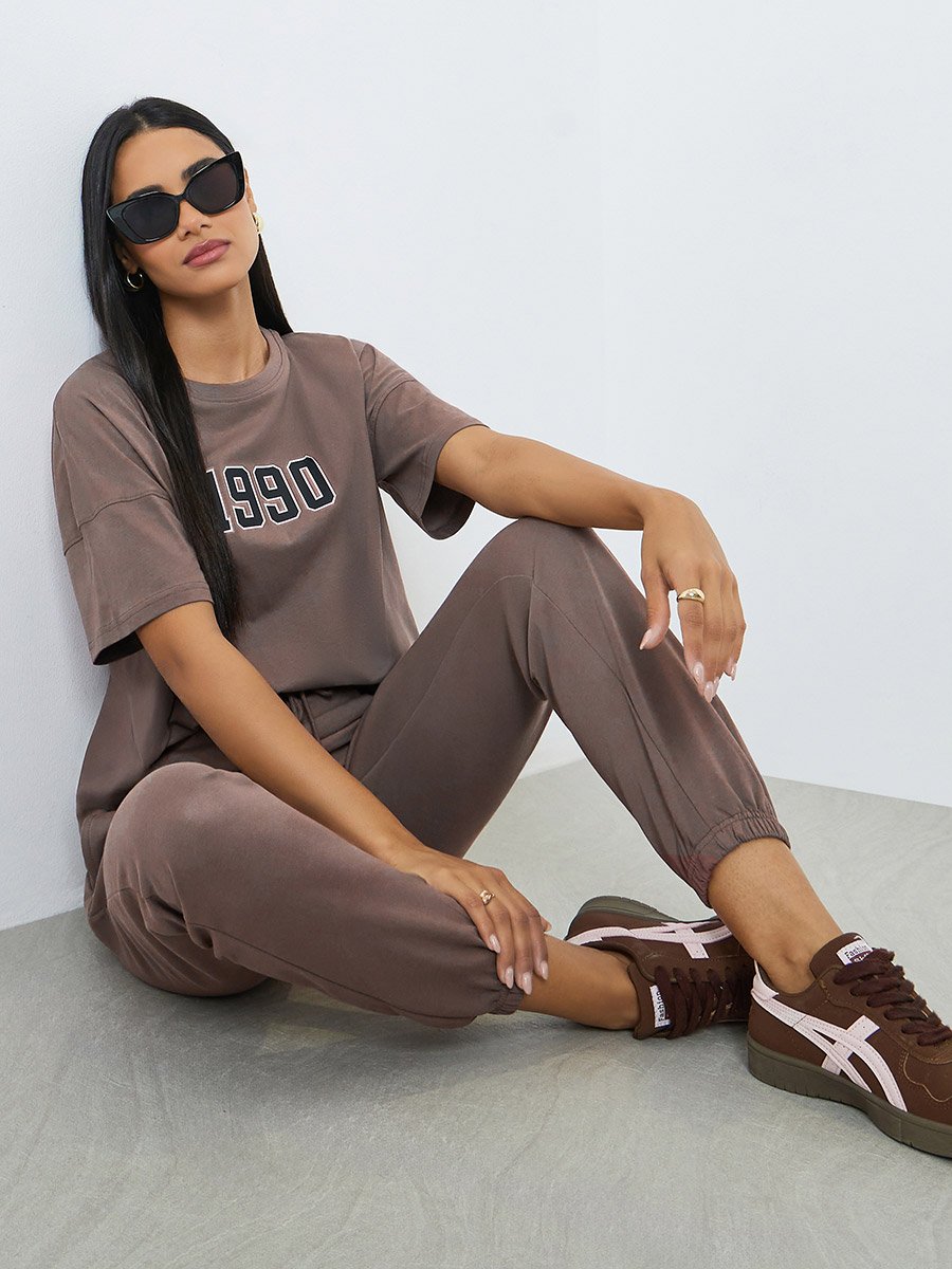 Brown Printed Longline T-Shirt and Cuffed Joggers Co-Ords