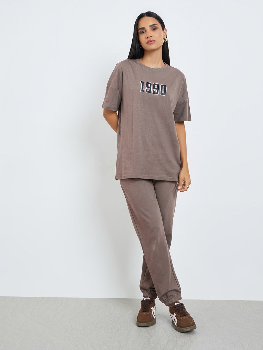Brown Printed Longline T-Shirt and Cuffed Joggers Co-Ords