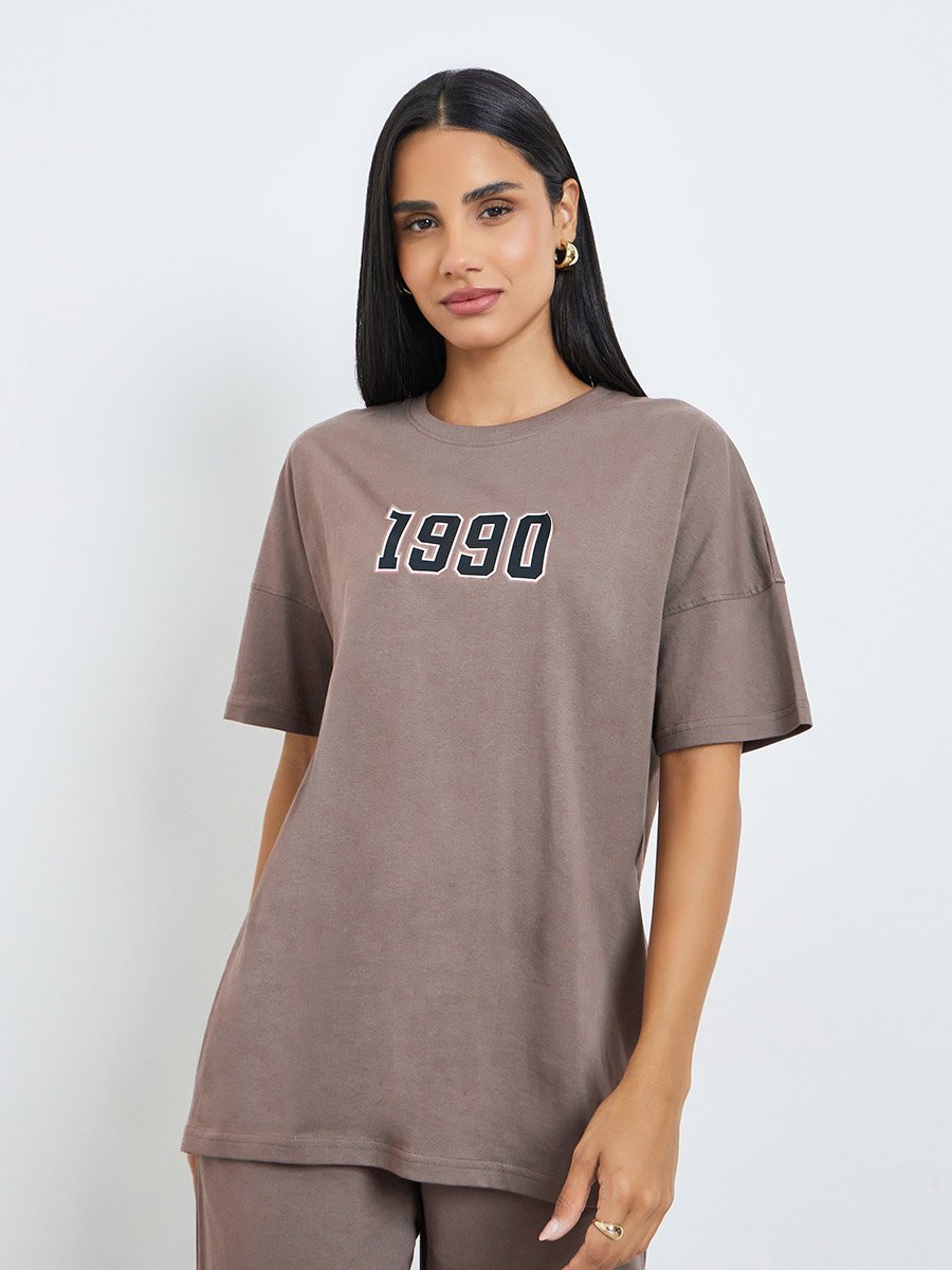 Brown Printed Longline T-Shirt and Cuffed Joggers Co-Ords