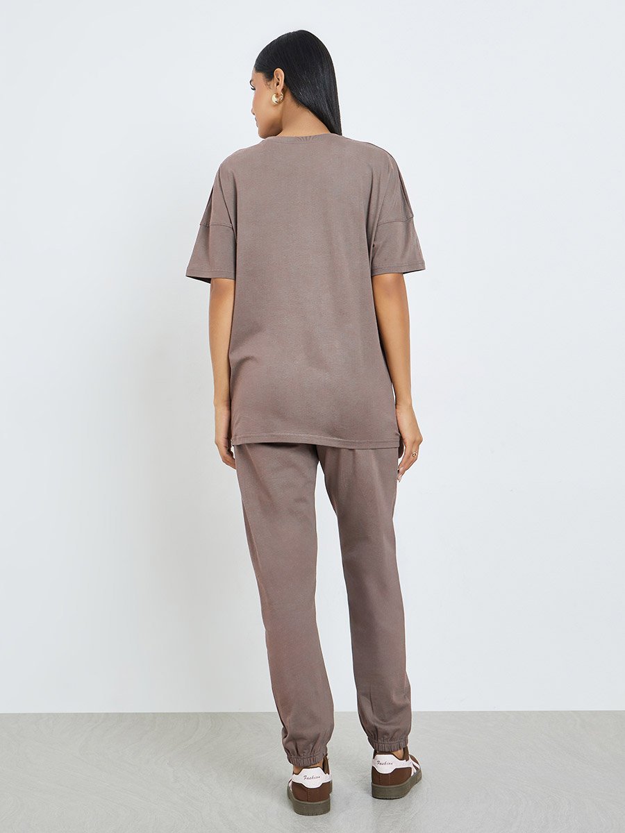 Brown Printed Longline T-Shirt and Cuffed Joggers Co-Ords
