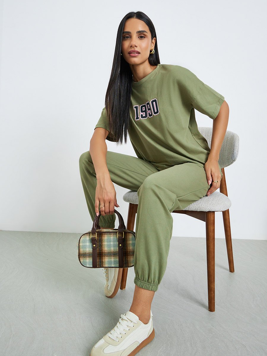 Green Printed Longline T-Shirt and Cuffed Joggers Co-Ords