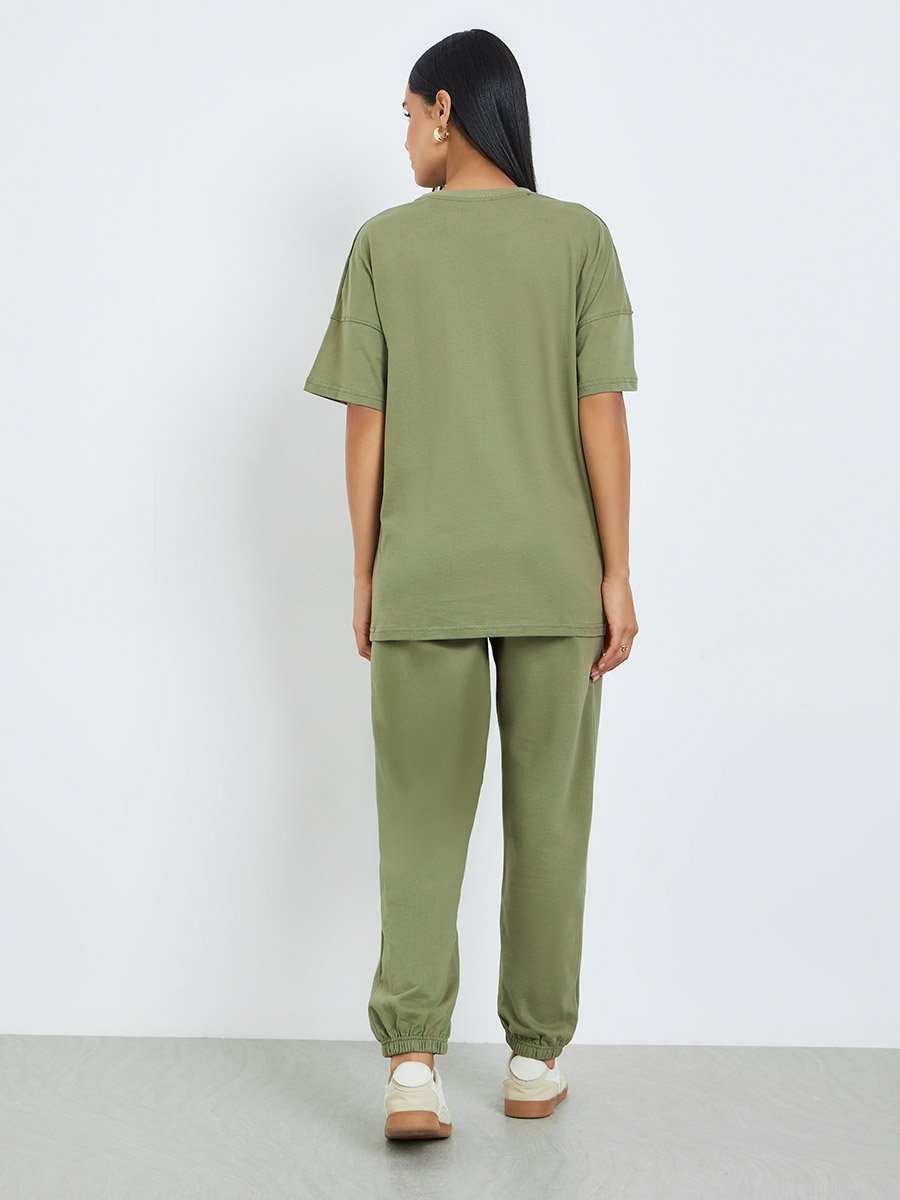 Green Printed Longline T-Shirt and Cuffed Joggers Co-Ords