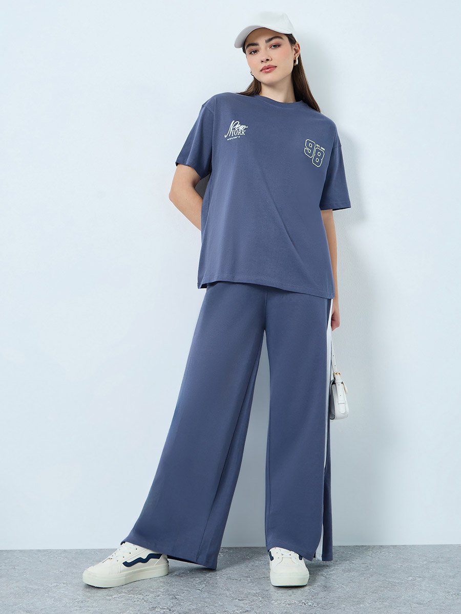Blue Oversized T-Shirt and Wide Leg Joggers Co-ords