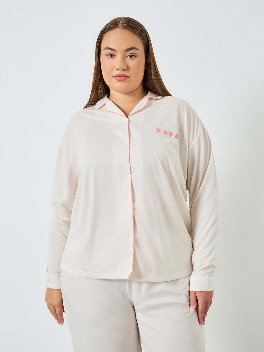 Plus Size Cream Heart Printed Shirt and Pyjama Set