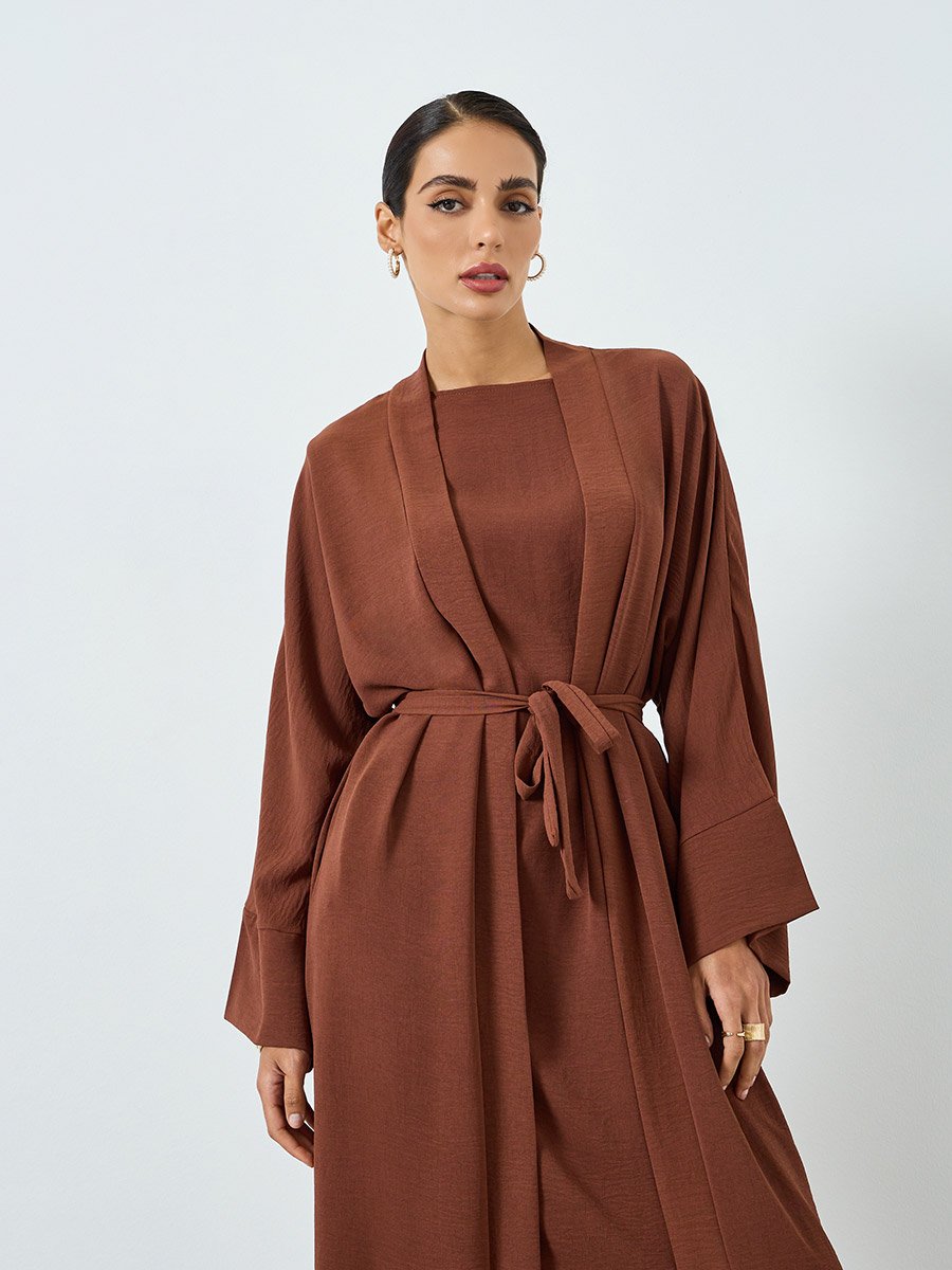 Women Solid Long Sleeve Abaya and  Dress Modest Set