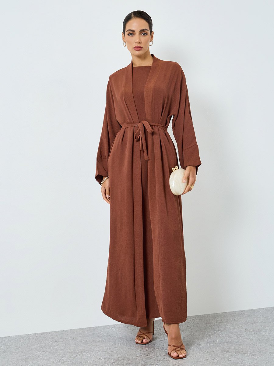 Women Solid Long Sleeve Abaya and  Dress Modest Set