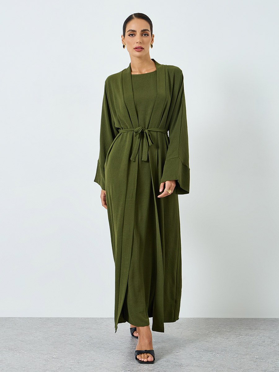 Women Solid Long Sleeve Abaya and Dress Modest Set