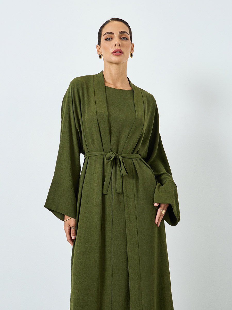 Women Solid Long Sleeve Abaya and Dress Modest Set