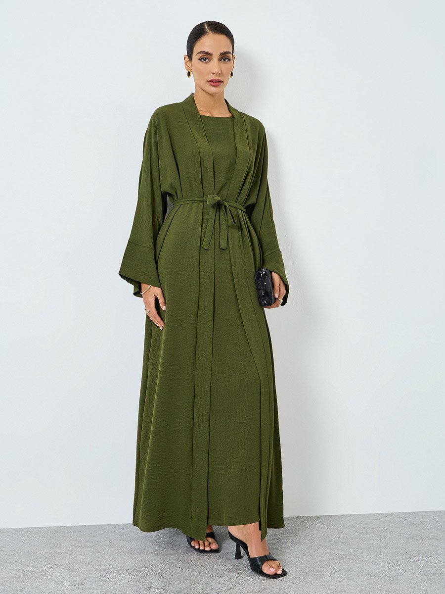 Women Solid Long Sleeve Abaya and Dress Modest Set