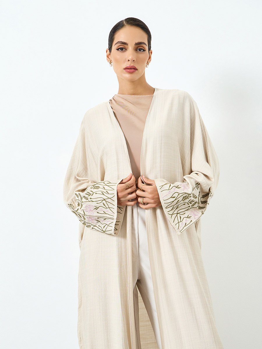 Women Grass Embroidered Long Sleeve Abaya