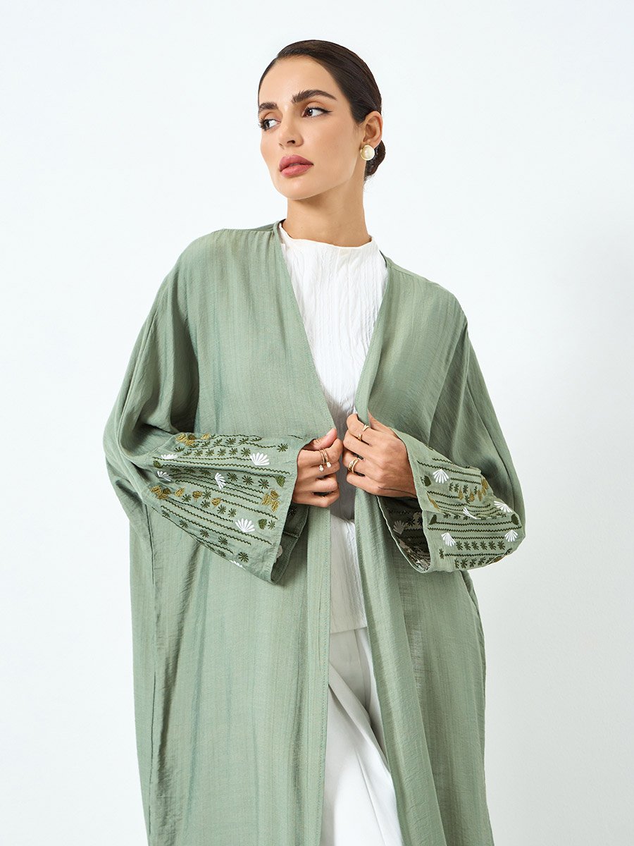 Women Green Embroidered Long Sleeve Abaya
