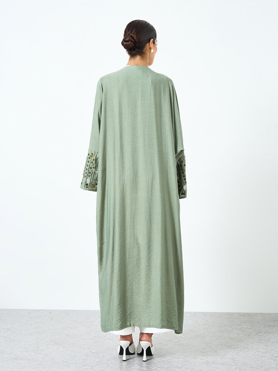 Women Green Embroidered Long Sleeve Abaya
