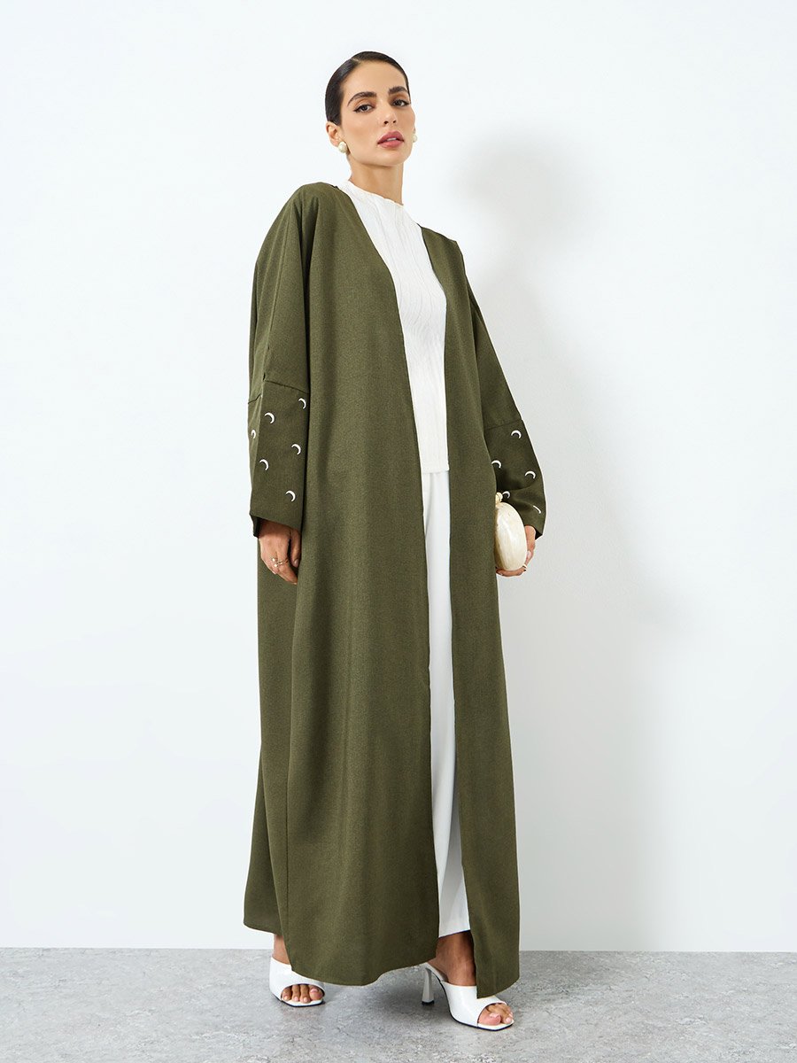 Women Green Long Sleeve with Moon Graphic Print Abaya