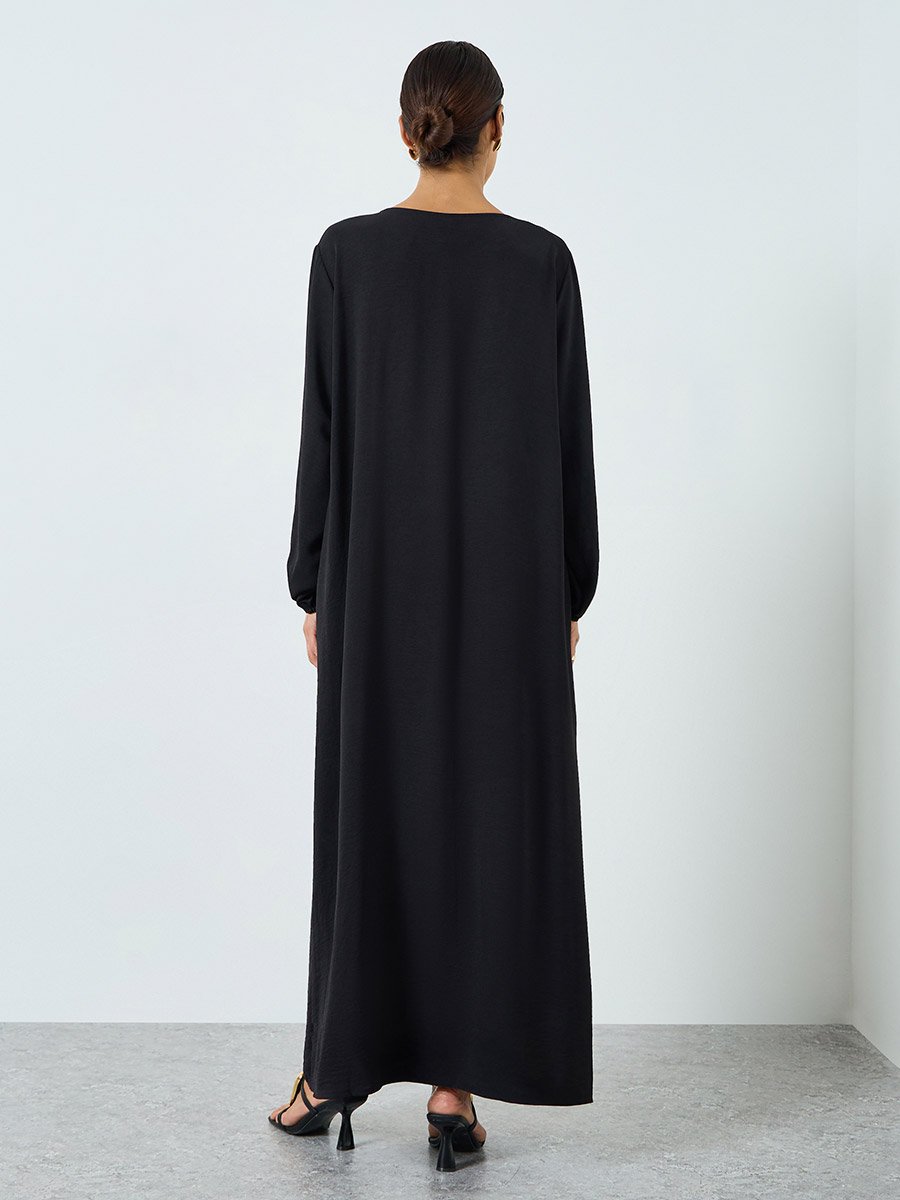 Women Black Round Neck Pleated Jalabiya