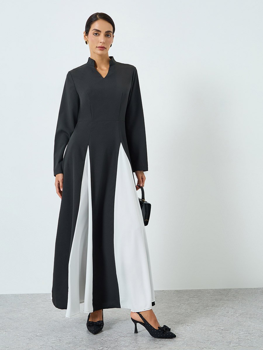 Women Color Block Collared Long Sleeve Jalabiya