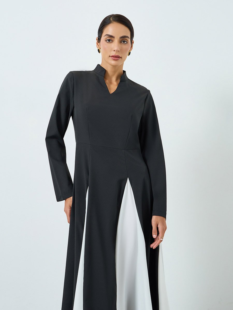 Women Color Block Collared Long Sleeve Jalabiya
