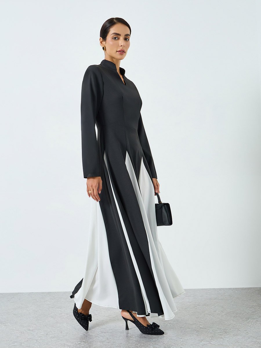 Women Color Block Collared Long Sleeve Jalabiya