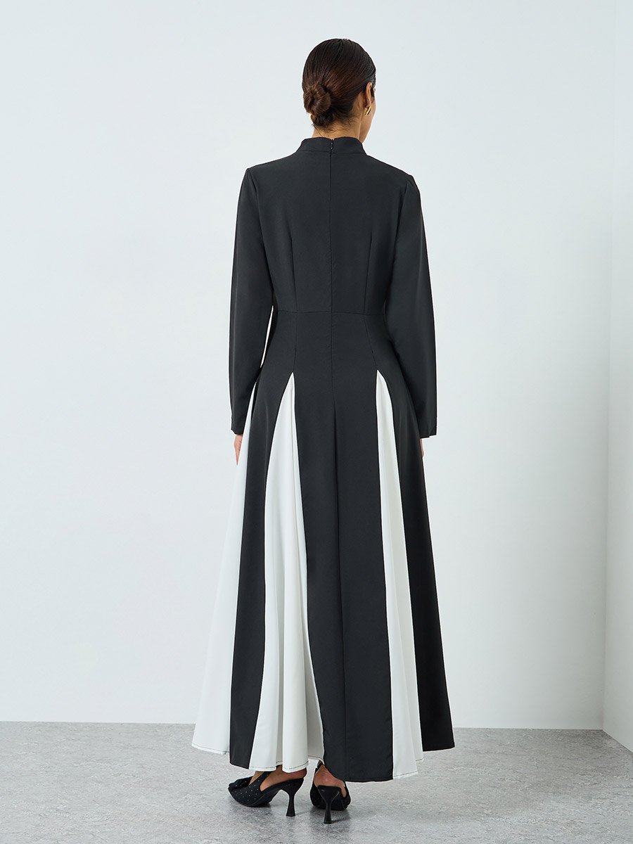 Women Color Block Collared Long Sleeve Jalabiya
