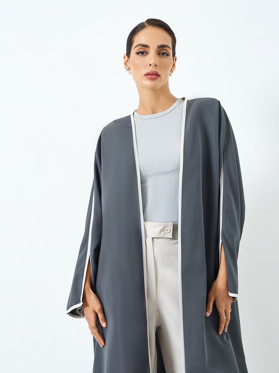 Women Grey Contrast Piping Slit Sleeve Abaya