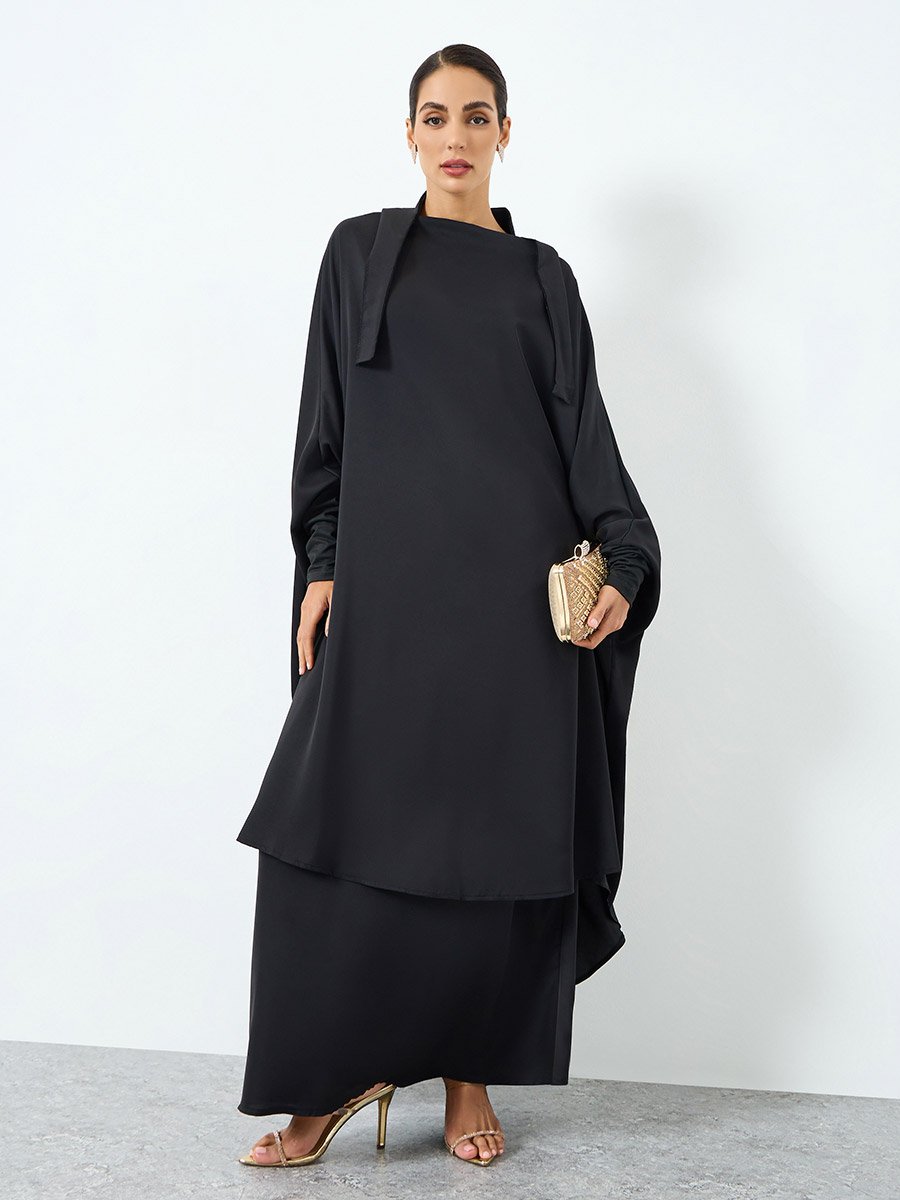 Women Black Batwing Sleeve Abaya and Skirt Set