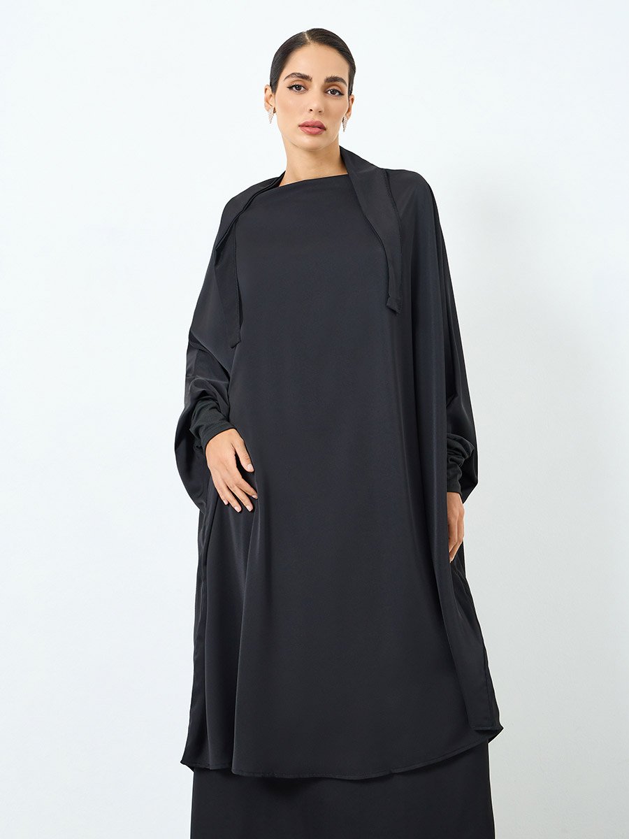 Women Black Batwing Sleeve Abaya and Skirt Set